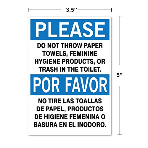 Image of (2 Pack) Please: Do Not Throw Paper Towels, Feminine Hygiene Products, or Trash in Toilet Vinyl Sticker. 3.5X5 Inch Bilingual. Por Favor No Tirar Las Toallas De Papel o Basura