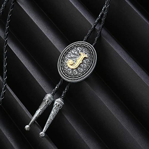 KDG bolo tie for man Golden Initial A to Z oval shape Antique silver blackground