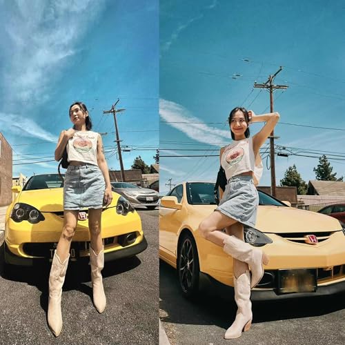 Image of Reitoye Cowboy Boots for Women Embroidery Western Cowgirl Knee High Chunky Heel Boots with Pull-Up Tabs