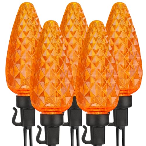 Brizled C9 Halloween Lights, 33ft 50 LED Faceted C9 Orange Lights String Connectable, 120V UL Certified Orange Lights, Outside LED Halloween Lights Black Wire for Outdoor Indoor Garden Tree Yard Patio
