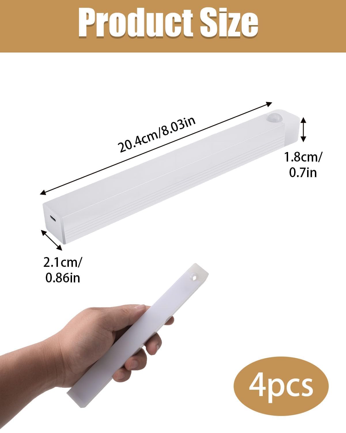 Xueniu 4Pcs Under Cabinet Kitchen Lights 2 Colour Temperatures Dimmable USB Motion Sensor Cabinet Lights Indoor Rechargeable Cupboard Light for Kitchen Wardrobe Bedroom Stairs Shelf (White+Warm) - Image 4