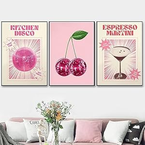 YZNLOQ Keuken Disco Wall Art, Trendy Retro Roze Disco Ball Canvas Schilderij, Cherry Espresso Martini Dancing Poster, Vintage Eetkamer Kunstwerk voor Bar Party Keuken Decor 12×16 In*3 Niet ingelijst