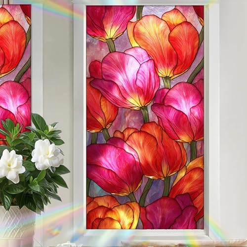 Image of Nuxovilar Gothic Rainbow Pink Tulip Pattern Window Film 17.5x39.3 PVC | Pink Tulip, Gothic Cling spring flower sticker, rainbow glass wrap for bedroom living room dining area (Pink Tulip)