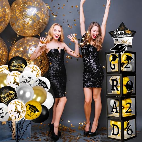 Image of Graduation Decorations Class of 2026 - Black and Gold Graduation Decorations - Balloons Boxes with Letters 2026 GRAD So Proud of You, Congrats Grad Party Decorations for Any Grades