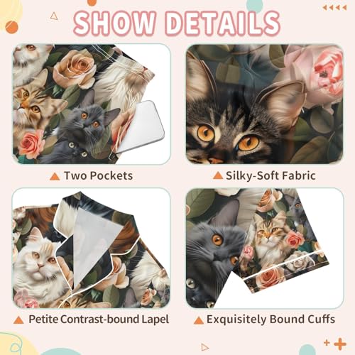 senya Cats Beautiful Roses Satin Summer Pajama Sets Silk Short Sleeve Button Down Sleepwear3
