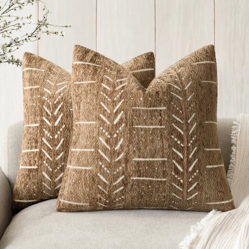Image of Foindtower Set of 2 Decorative Chenille Jacquard Throw Pillow Covers Textured Farmhouse Vintage Cushion Covers Modern Boho Accent Home Decor for Sofa Chair Couch Bedroom Living Room,18x18 Inch,Bronze