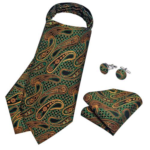 Image of DiBanGu 3PCS Ascot Ties for Men Wedding Jacquard Woven Silk Ascot Cravat for Men Cravat Tie and Pocket Square Set