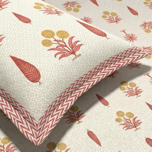 Image of Mafatlal 144 TC Jaipuri Cotton King Bedsheet | 90 x 108 Inches | Soft & Skin-Friendly | Handcrafted Jaipuri Print | 2 Pillow Covers | Tutu Pink