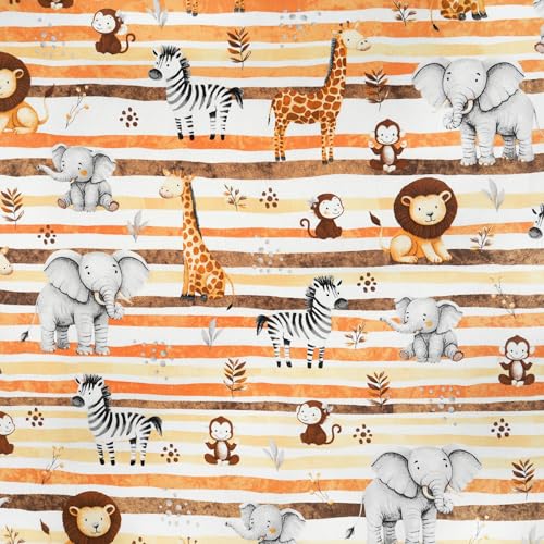 TexTrend Telas por Metro - Algodón - 1 Metro 160 x 100 cm - Tela para Costura - Niños - Animales de África Rayados Naranja