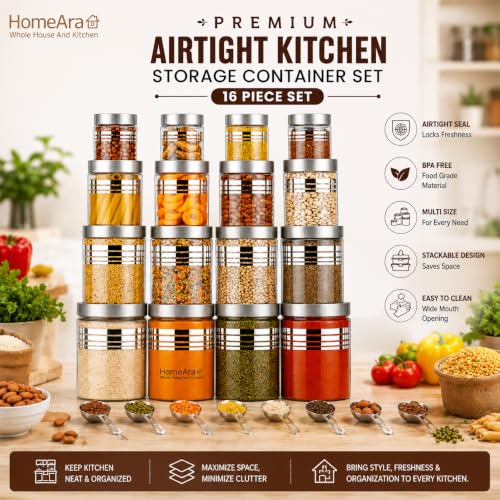 Image of Plastic Pet Storage Jar and Container, Set of 16 (4 ps x 250ml, 4 ps x350ml, 4 ps x 650ml, 4 ps x 1200ml) With Spoons Air Tight Kitchen Organiser Improved Model Silver line Printed