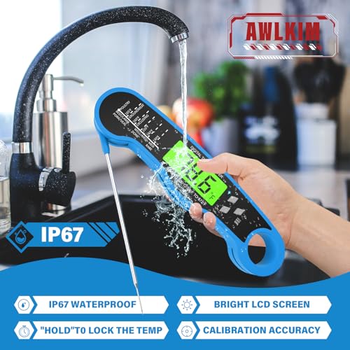 Image of AWLKIM Meat Thermometer Digital, Instant Read Food Thermometer, Blue | Waterproof cooking thermometer with doneness chart, backlight, F /C switch for BBQ, candy, oil