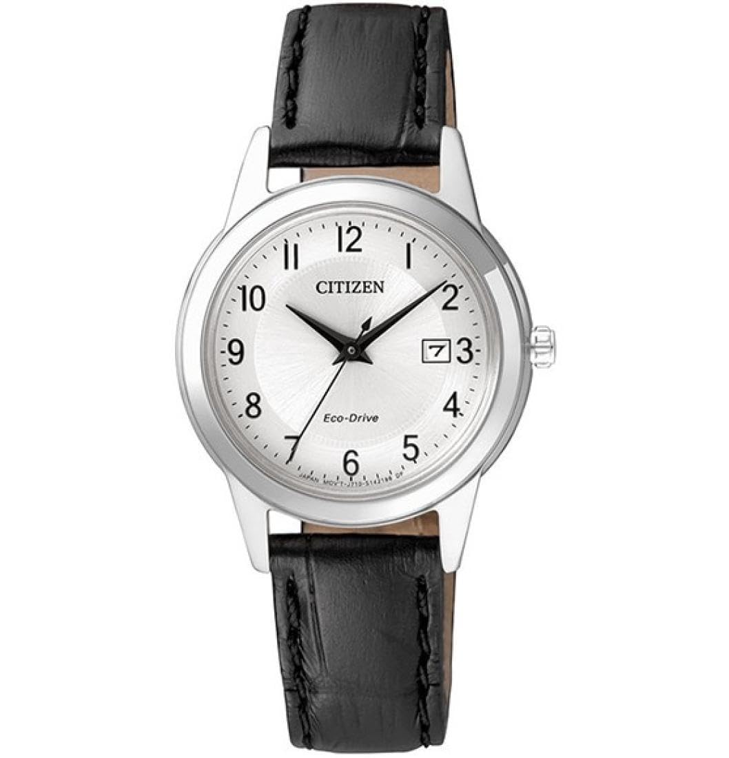 Citizen Watch Strap Women's Solar Powered Watch with White Dial Analogue Display and Black Leather Strap FE1081-08A