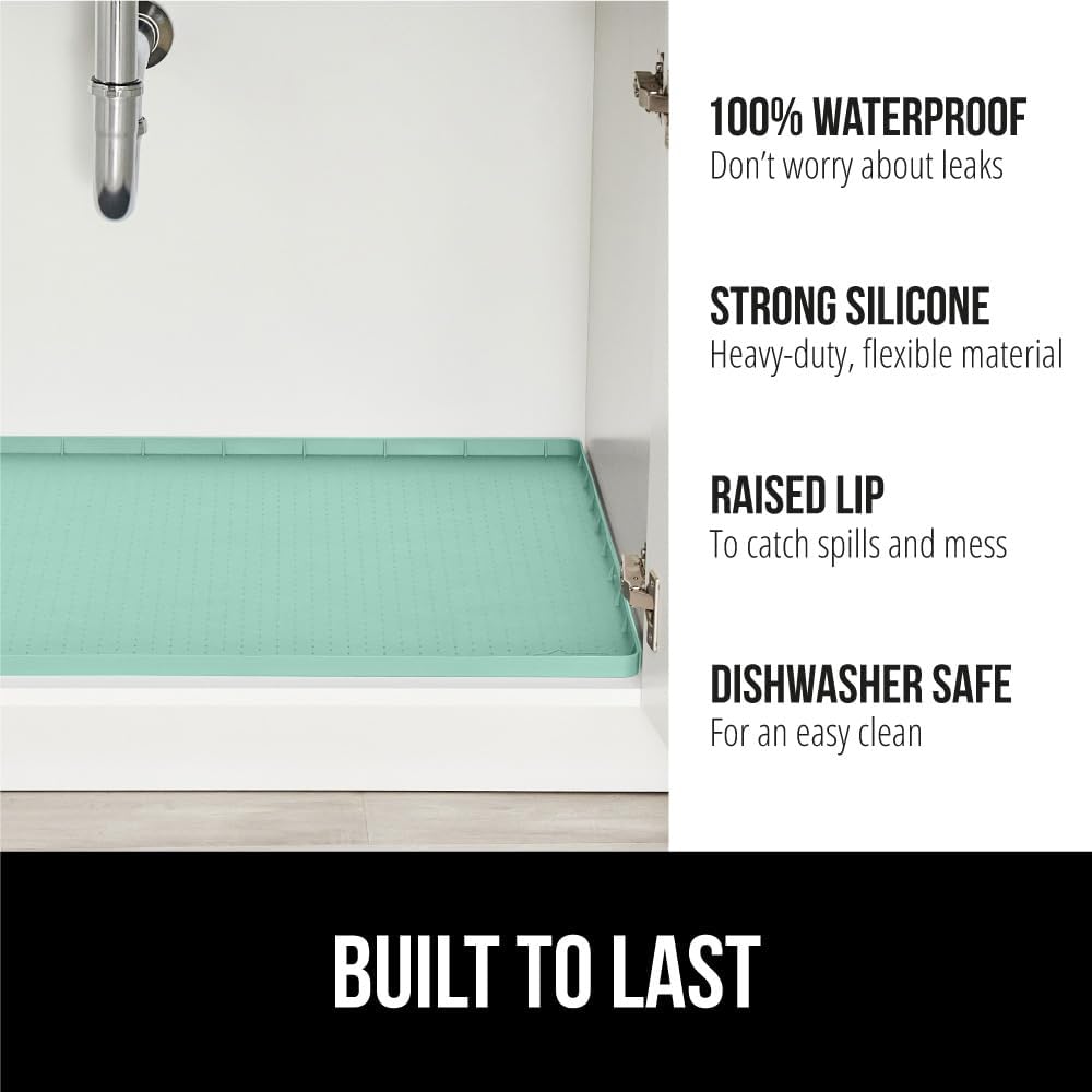 Gorilla Grip Silicone Under Sink Mat with Raised Lip and BPA-Free Soft Silicone Oven Mitts, Mat Size 34x22, Waterproof, Mitt Size 12.5, Slip Resistant, Both Color Mint, 2 Item Bundle