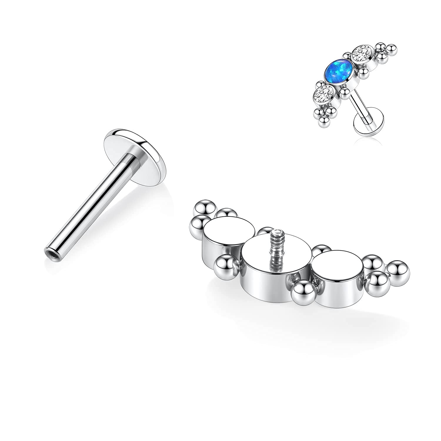 hengkaixuan 16G Titanium Labret Studs - Internally Threaded Flatback - Unisex - Silver - Piercing Jewellery - 3