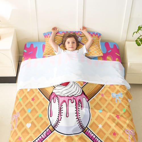 Image of Castle Fairy Baseball Cap Bed Sheets Twin Size,Ice Cream Cherry Plaid Print Easy Wash Bedding Set,Cute Sweet Sports Style Kids Room Decor,Pink Yellow Sheet(Fitted+Flat+1 Pillowcase)
