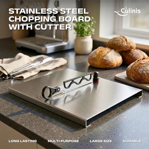 Image of All in One Stainless Steel Chopping Board with Attached Knife,36x25 cm + Free Finger Guard .Durable Cutter Board for Vegetable Chopping,Herbs mincing.