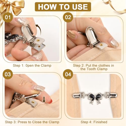 Image of 4 Pcs Vintage Sweater Clips Set, Elegant Bowknot Cardigan Clips with Pearls & Rhinestones, Retro Filigree Dress Cinch Clip Back, Aesthetic Shirt Waist Tightener for Women Valentines Gifts