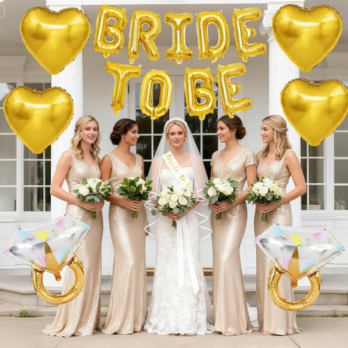 Image of Gold Bachelorette Party Decorations, Gold Bride to Be Banner Heart Balloons with Diamond Ring Foil Balloon, Bride to Be Sash&Veil for Bachelorette Engagement Gift Bridal Shower Party Supplies