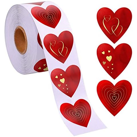 500 Red Heart Shape 1.5" With special Gold Foil Stickers | 3 Different Designs in one roll | Suitable for Theme Party Decorations , Envelope Sealing Cover