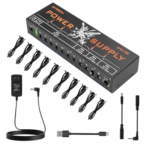 STRICH SPS-10B Pedal Power Supply, 10 Isolated DC Output for 9V(100mA, 500mA), 12V / 18V (100mA) Guitar Pedal, Adjustable DC Output(4-12 V 100mA), Noiseless, 5V 1A USB Port Supports Mobile Devices