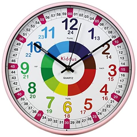 Kiddus Wanduhr für Kinder. Analoger Zeitlehrer mit Zeitlernübungen. Stilles Uhr. Viele Sprachen. Deutsch XL Rosa Cover
