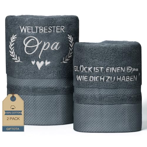 Giftota Opa Geschenk 2 teilig Handtuch Set 100% Baumwolle Bestickt Handtücher Grau Geschenke für Opa zum Geburtstag Vatertag - Badehandtuch 50 x 100 cm + Handtuch 35 x 75 cm