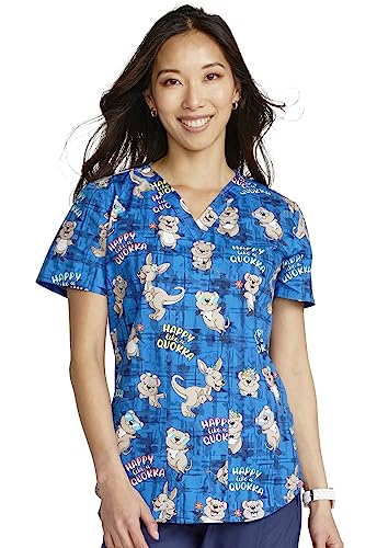 Cherokee Prints Women Scrubs Top V-Neck Print Plus Size CK652, 2XL, Happy As A Quokka