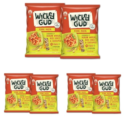 Image of WickedGud 2X Fiber Penne Pasta | No Maida | Durum Wheat Semolina | Brown Rice | Red Lentils | Healthy Diet Pasta - 400gm x 2 (Pack of 3)