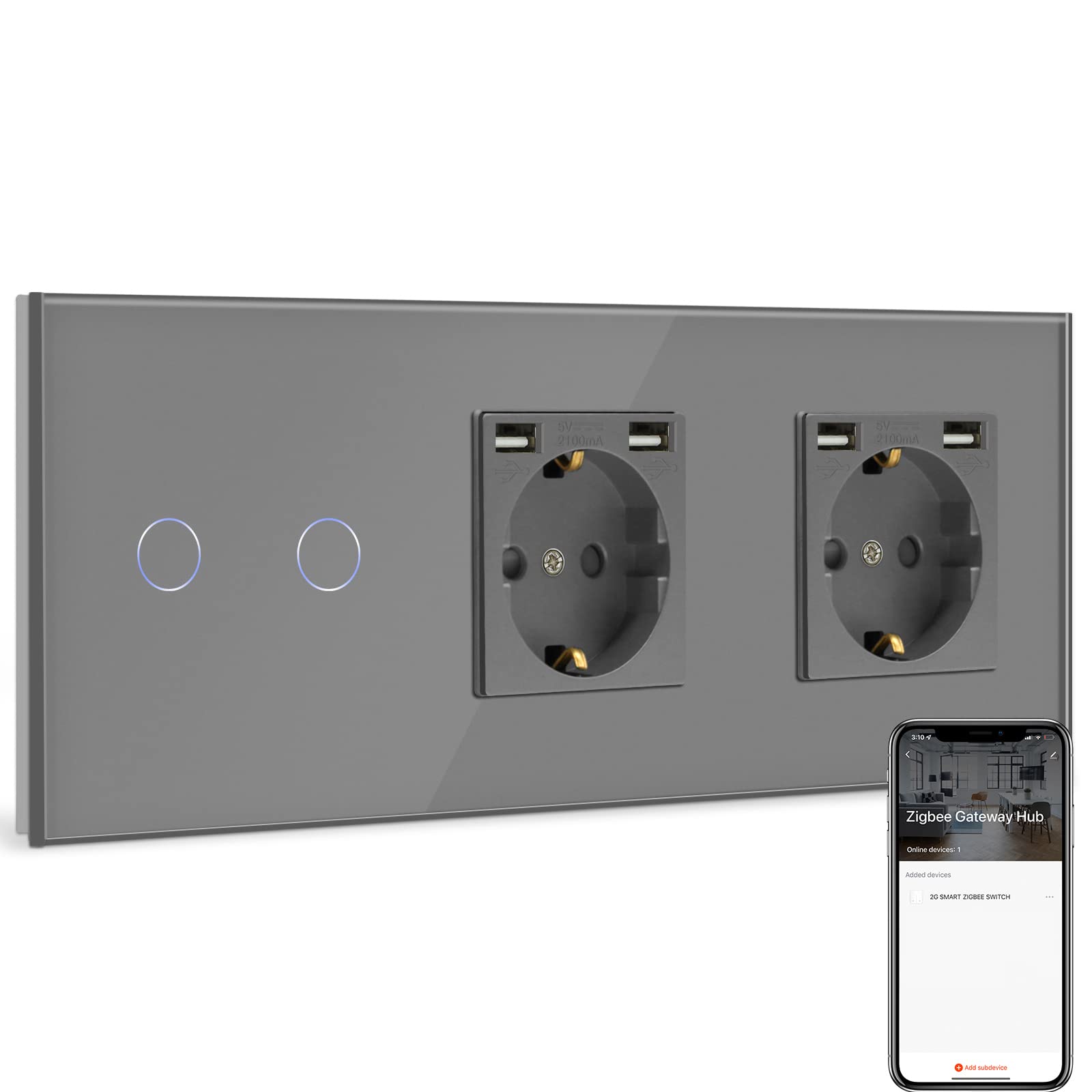 BSEED BSEED Normal enchufe Doble USB con Smart ZigBee Interruptor de Luz 2 Gang,Compatible con Alexa y Google Home,Schuko Enchufe con 2 Puertos USB(Max 2.1A) Gris(Zigbee Gateway Hub Requerido)