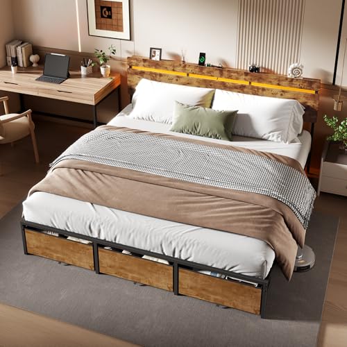 Image of Forestell King Size Bed Frame with Wood Headboard, Metal Platform Bed with 3 Storage Drawers & Shelf, Built-in Charging Station & LED Lights, No Box Spring Needed, Vintage Brown, Camas King