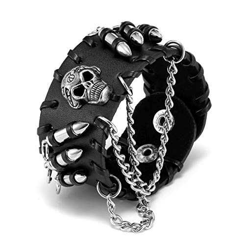 Jovivi Punk Pu Leather Skull Design Bracelet Wristband Adjustable Size 7 to 8 Inches Include a Gift Pouch