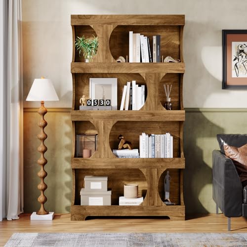 Image of Tribesigns 71 inch Tall Bookcase, 4-Tier S-Shaped Bookshelf, Wood Decorative Storage Shelving, Modern Freestanding Display Shelves, Large Library Book Shelf Unit for Home Office Living Room Bedroom, Brown