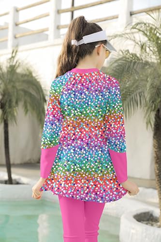 Image of Girls Long Sleeve Rashguard Half Zip Swimsuits UPF 50+ Two Piece Swim Sets with Hairband 5-12Y | Two Piece Swim Sets with Hairband