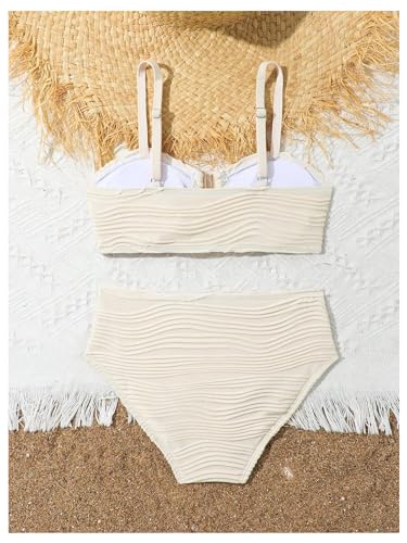 Girl's High Waisted Bikini Sets 2 Piece Textured Wireless Bathing Suit Spaghetti Strap Boho Swimsuit2