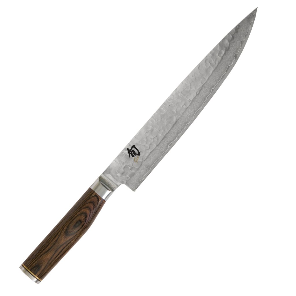 KAI Shun Premier Tim Mälzer Cuchillo japonés para jamón con hoja de 24 cm - Núcleo VG-MAX 61 HRC, 32 capas de Damasco pulido - Mango de madera de Pakka color marrón medio - Superficie martillada