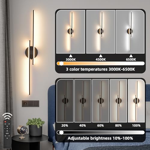 Image of Rechargeable Battery Operated Wall Sconce Set of Two, Black Wireless LED Wall Sconces with Remote Control, Dimmable 3 Colors Cordless Wall Lights for Living Room, Bedroom, Hallway, 31.4 Inch(2pcs)