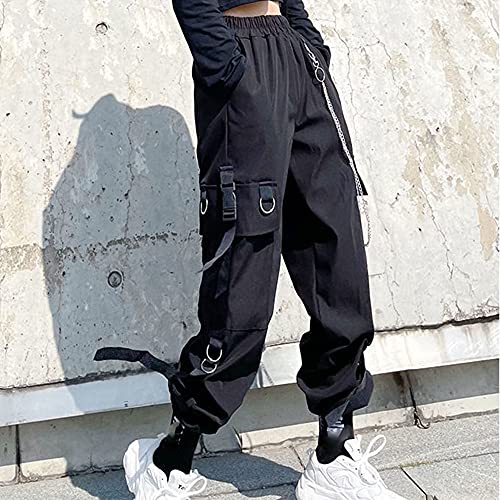 MEINVQIAOTI Black Cargo Pants for Women Hip-hop Street Loose High Waist Punk Chained Pants4