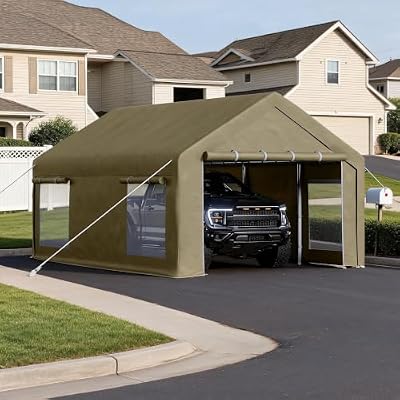 12x20 FT Heavy Duty Carport Canopy with Sidewalls, Khaki