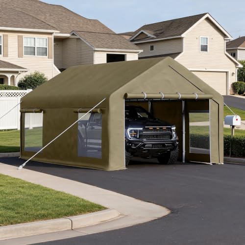Image of 12x20 FT Heavy Duty Carport Canopy with Sidewalls, Khaki