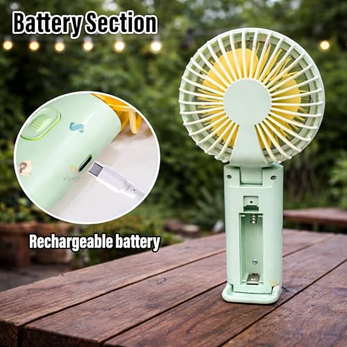 Image of WISHKEY Portable Handheld Mini Fan Cute Frog Print- USB /Battery Rechargeable, High-Speed Cooling for Travel, Office & Outdoor Use,Rechargeable Fan with 3 Speed Modes- Green