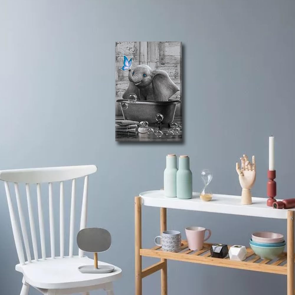 Funny Elephant Canvas Framed Black & White Elephant Poster Wall Art, Blue Butterfly Bathtub Decor, Horse Home Wall Decor - Image 4
