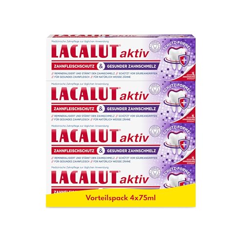 LACALUT aktiv Zahnfleischschutz & Gesunder Zahnschmelz 4er-Pack (4x75ml) - Medizinische Zahnpasta für starken Zahnschmelz, gesundes Zahnfleisch & natürlich weisse Zähne