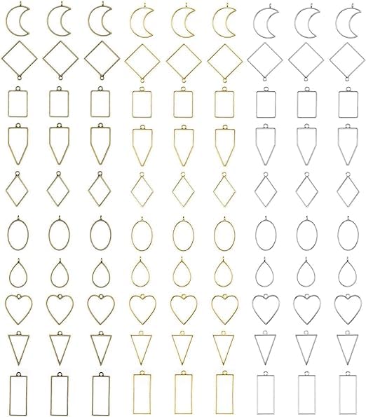 ChicAbode 90 Pieces Resin Open Bezel Pendants, 10 Styles Assorted Metal Geometric Hollow Frame Pendant, Blanks Charms, Craft Bezels Jewelry Molds for Earrings, Necklace, Making Supplies