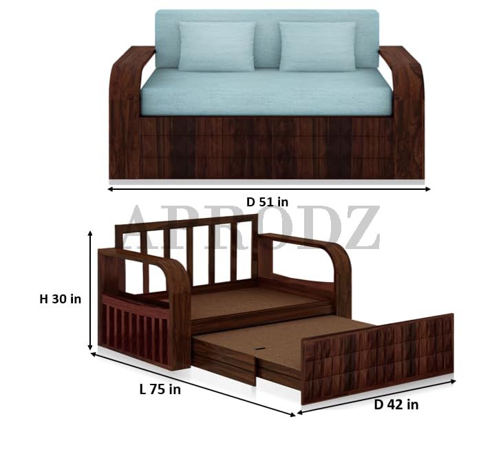 Image of APRODZ Solid Sheesham Wood Sofa Cum Bed 3 Seater with Side Storage Velevt Fabric Cushions Perfect Sofa Furniture for Home Living Office Room and Guests (Walnut Finish 75x51x30-Inch)