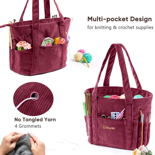 Image of MYBAGZING Crochet Bag and Tote - Corduroy Yarn Bag - Yarn Holder for Crocheting - Crochet Storage Bag for Crochet Hooks, Crochet Accessories, Knitting Bag for Crochet Lovers, Mother's Day Gift