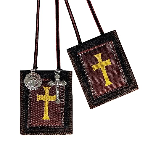 Scapulars Catholic,Brown Scapular Of Cross Design,Escapularios Catolicos Scapular Catholic Gift For First Holy Communion and Confirmation With St Benedict Medal Crucifix Mexican Folk Art Decoration