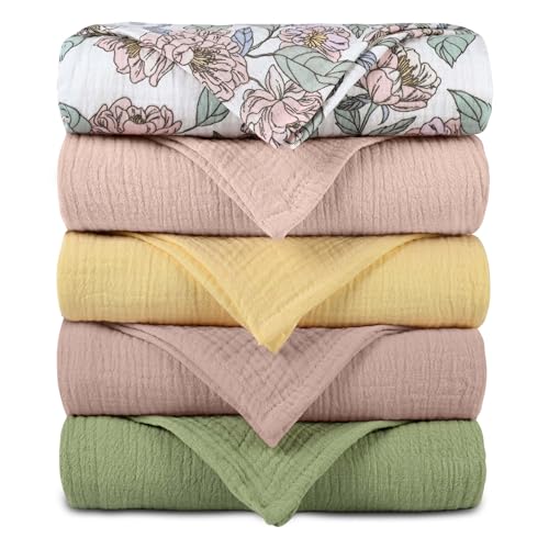 Image of Muslin Receiving Blankets, Neutral Blanket Swaddling for Newborn Boys and Girls, 5 Pack Breathable and Skin-Friendly Swaddle Wrap for Infant Baby (Pink Flower)