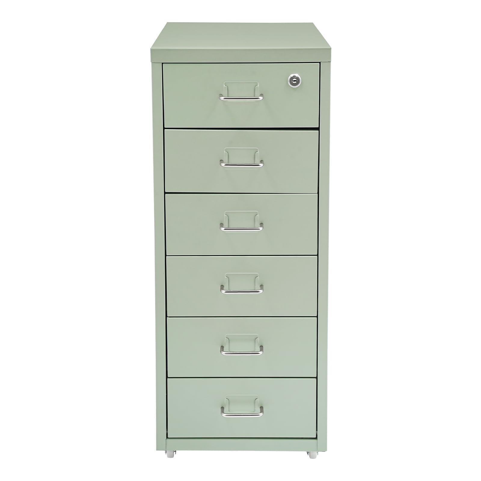 Aktenschrank, Rollcontainer mit 6 Stock Schubladen, Metallschrank Aktenschrank Abschließbar, Büroschrank mit Rädern, Storage Cabinet für Büro, Home, 28 x 41 x 69 cm (Grün)