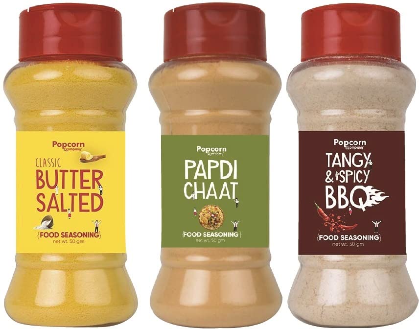 Image of Classic Butter Salted, Papdi Chaat & Tangy & Spicy Instant Seasoning Mix Combo Pack of 3 - Unique Blend of Spices and Herbs for carbs - 200gm By Popcorn & Company