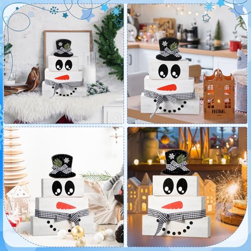 Image of Moucuny 4 Pcs Winter Table Decoration Wooden Snowman Decor Black and White Winter Tiered Tray Decor Rustic Snowman Face Wood Block Sign Gift Christmas Centerpiece Farmhouse for Wonderland Home